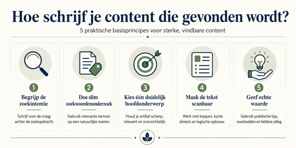 Infographic over hoe je content schrijft die gevonden wordt met tips voor zoekintentie en SEO-optimalisatie